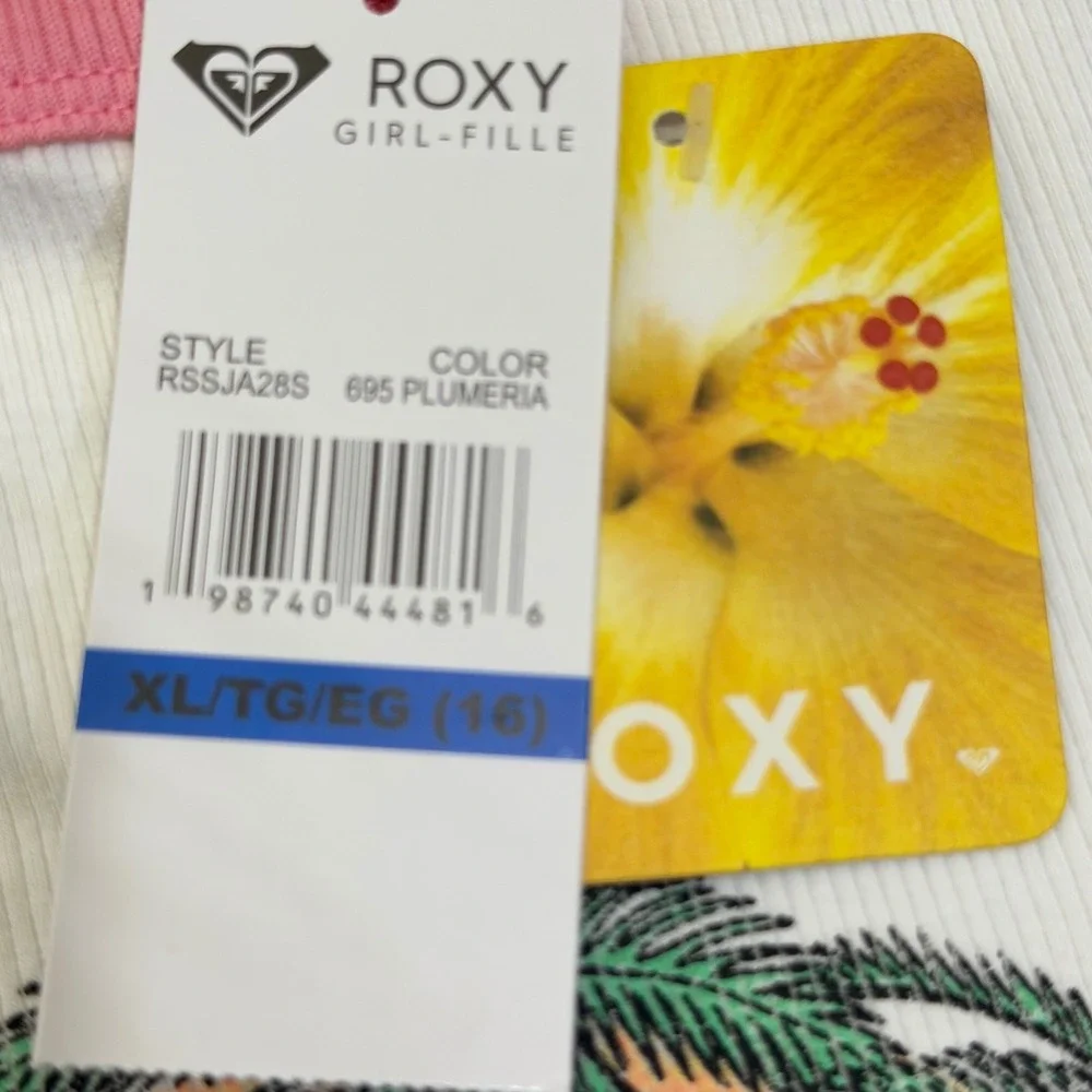 NWT Roxy Girls Plumeria Swell Ribbed Crew Neck Graphic T-Shirt Pink/White XL/16 - Picture 4 of 4